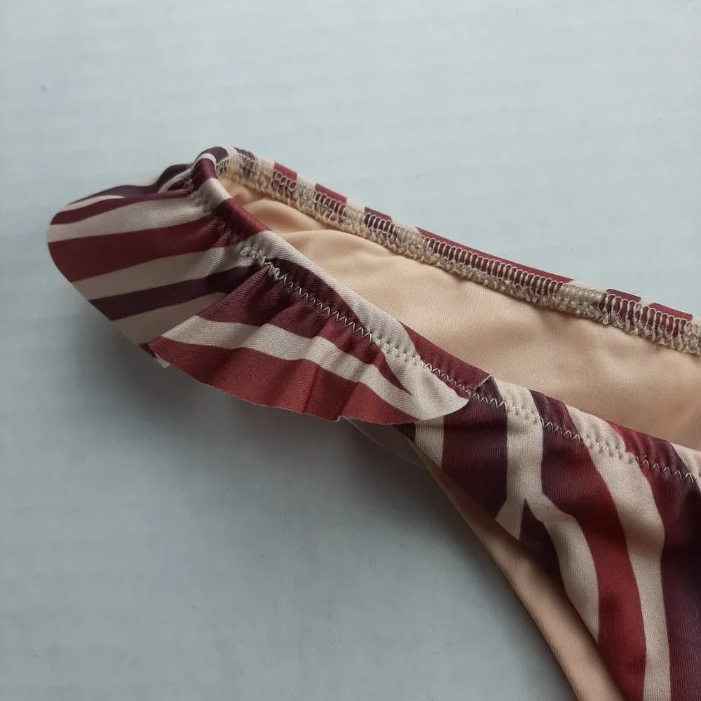PLUMERIA SWIMWEAR Womens Bikini Bottom Size Small Beige Burgundy Stripes Ruffles